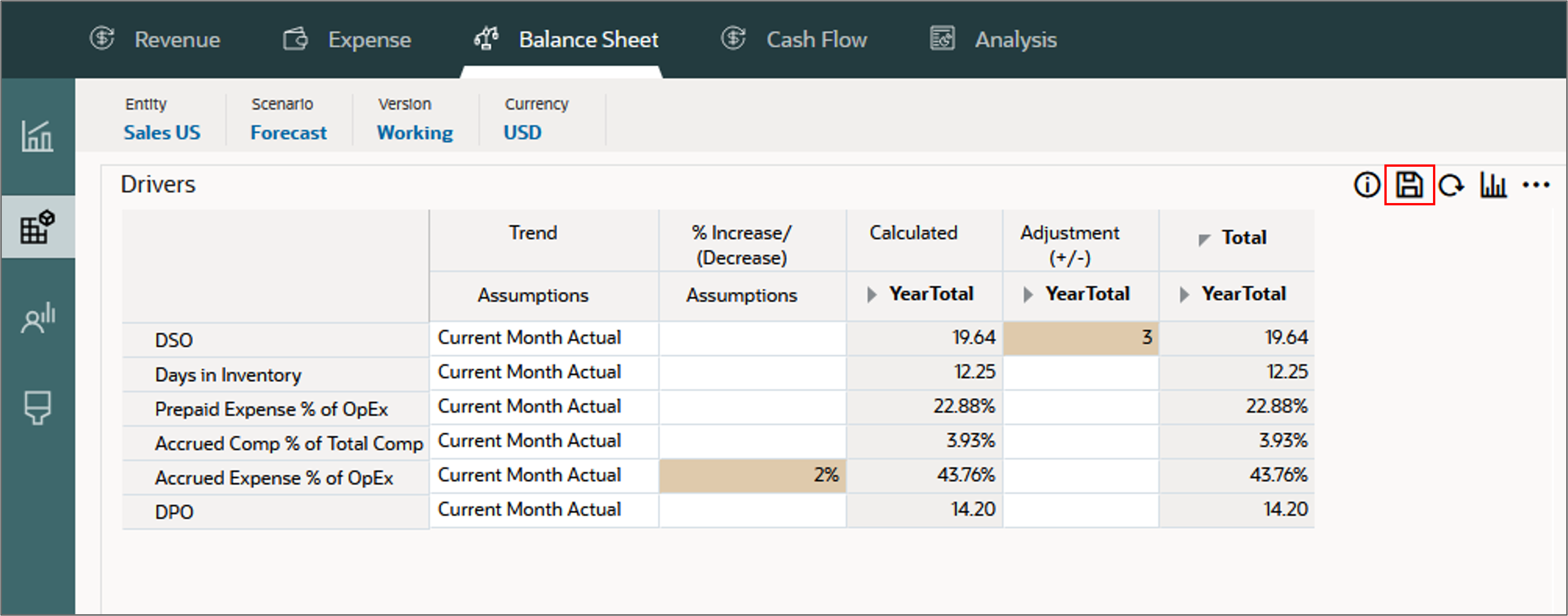 Driver-based balance sheet planning data entry form save